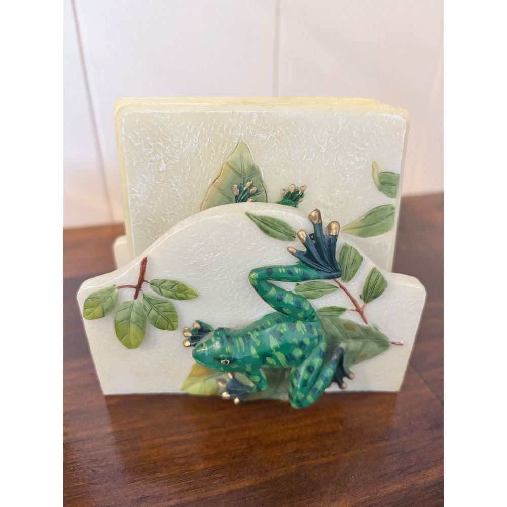 Vintage Frog Coaster Set 4 Hand Painted Ceramic Botanical Nature Cottagecore